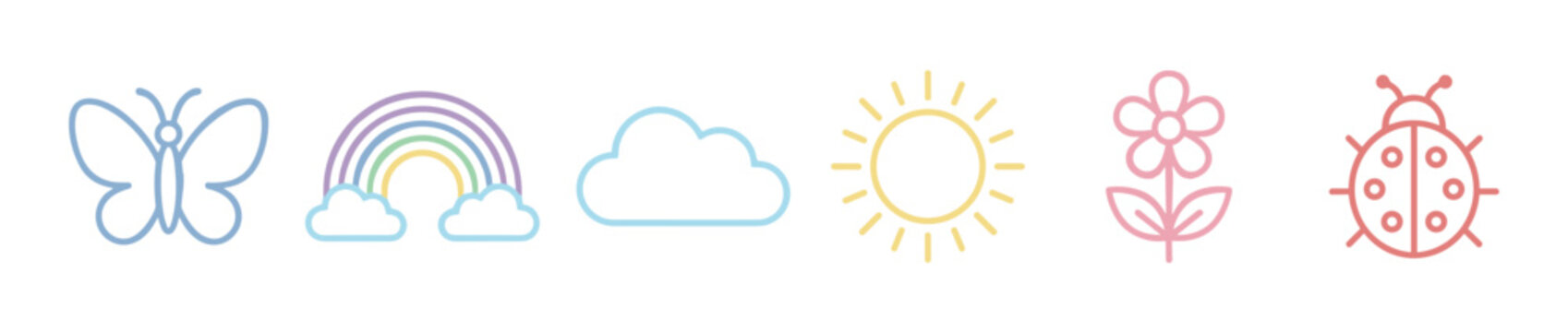 Cute pastel nature and weather icons collection featuring a butterfly, rainbow, cloud, sun, flower, and ladybug in a charming, simple line art style.