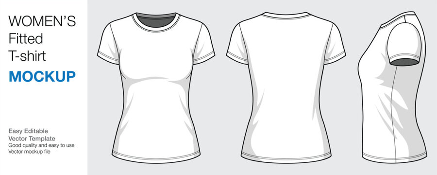 Women's Fitted T-Shirt Mockup Vector Template - Front, Back, and Side View