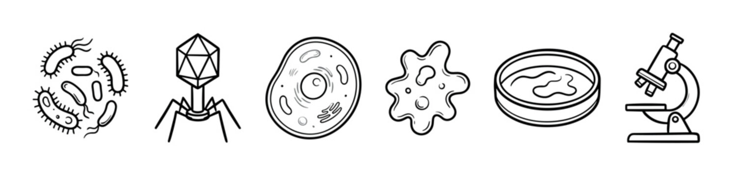 Microbiology biology science research elements icons depicting various microscopic organisms, cellular structures, and laboratory equipment used in scientific study.