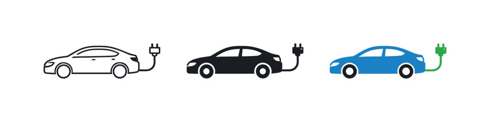 Fototapeta premium Electric Sedans Aligned. Future road scene showing a sleek sedan icon with a charging cable attached representing everyday