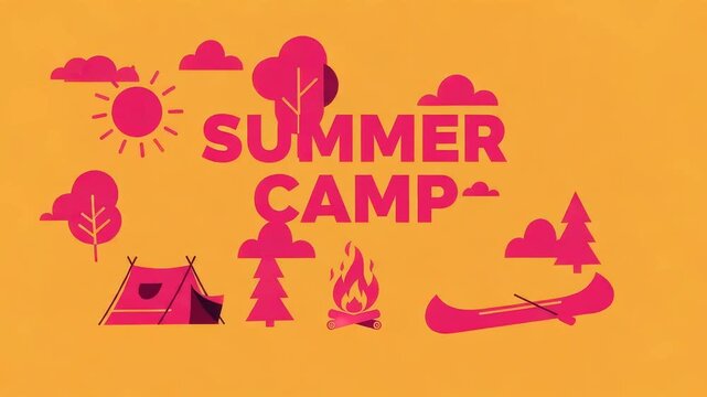 Summer camp banner with pink camping icons: tent, canoe, campfire, sun and trees on orange background in flat illustration