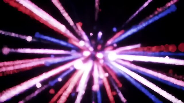 Abstract streaks of red, white, and blue light explode outwards.