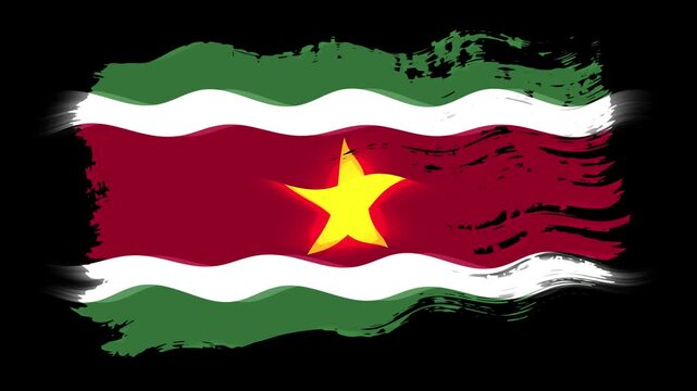 Waving torn Suriname flag grunge brush burn light leaks, transparent background alpha channel loop full HD