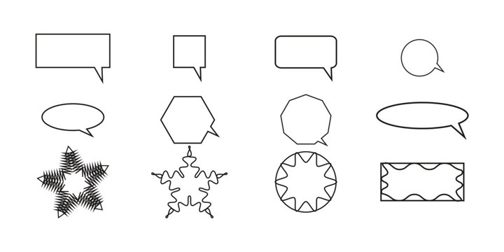 Minimalist speech bubble vector set, 12 geometric chat cloud icons for communication, black outline dialogue boxes and comic thought bubbles, clean message frames for web and app design