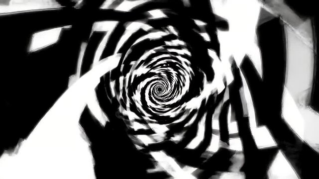 Abstract black and white vortex with swirling patterns and sharp edges.