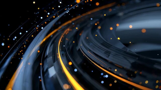 Vivid curved lines and sparkling dots create a sense of speed and innovation in this energetic abstract image. Perfect for technology, science, or creative digital projects seeking a futuristic vibe