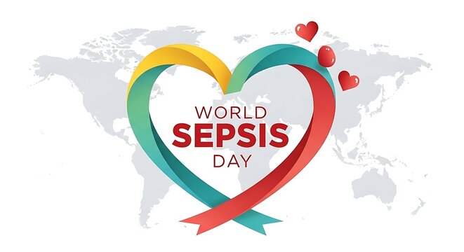 World sepsis day awareness campaign symbol with colorful heart on world map