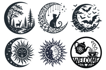 Fototapeta premium Celestial Moon Sun Cat and Halloween Vector Design Set, celestial design set