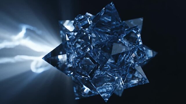 A faceted blue crystal formation glows with internal light.