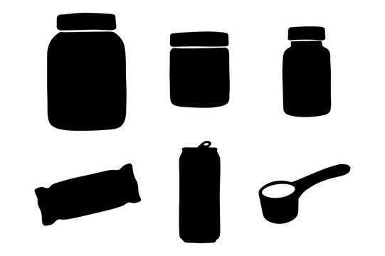Nutrition supplements icons set isolated on white background. protein, energy drink, and scooper.
