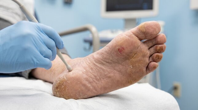 Close up of podiatrist doing ultrasound scan on damaged foot sole with calluses and wound