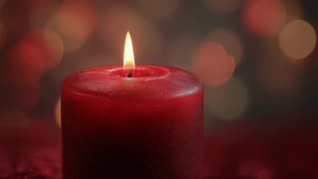 A single red candle burns gently, radiating warmth and tranquility in a blurred, festive environment. Ideal for themes of relaxation, romance, celebration, or spiritual reflection