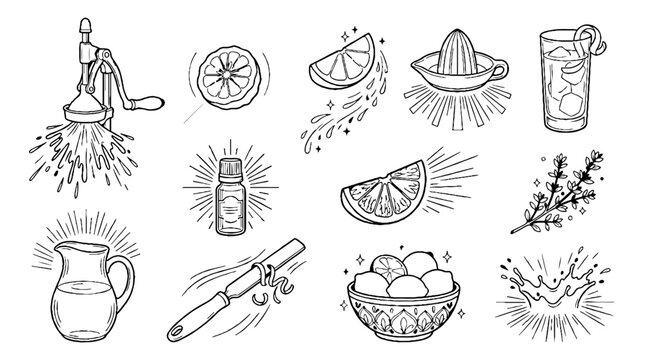 Hand drawn lemon and citrus fruit preparation icons set in vintage sketch style.
