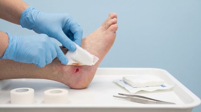 Medical professional applying gauze dressing to a wound on patient foot heel in clinic
