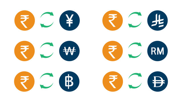 Indian Rupee to Asian Currency Exchange Icon Set &mdash; Rupee to Yen, Saudi Riyal, Won, Ringgit, Baht and Dong in Orange and Navy Blue