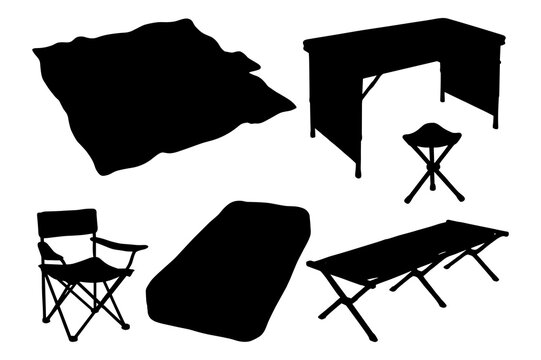 Set of silhouettes of camping furniture and bedding isolated on white.