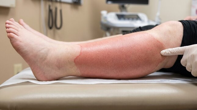 Doctor examining patient leg with cellulitis infection pointing at severe red inflamed skin rash in medical clinic