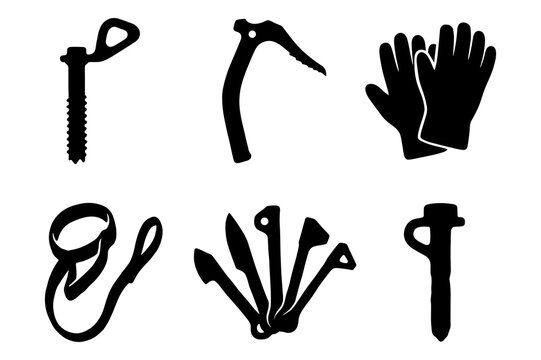 Set of black silhouettes representing climbing hardware and accessories.