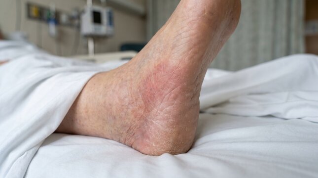 Elderly patient foot resting on white hospital bed sheets with severe dry skin and poor circulation