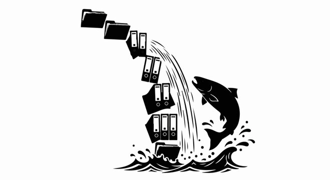 Salmon leaps from water, carrying a cascade of files and binders, symbolizing data migration or a challenging workflow.