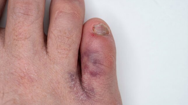 Macro view of patient toe showing severe purple bruising and swelling after blunt trauma or fracture