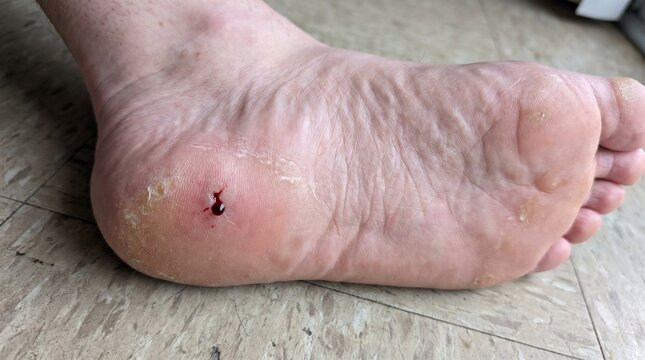 Small bleeding puncture wound on the heel of a patient foot requiring first aid treatment