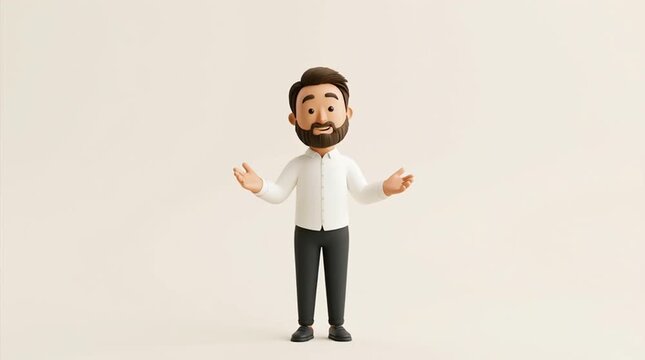 Cartoon presenter in a clean minimal studio speaking directly to camera with natural mouth movement and expressive hand gestures. Friendly confident character animation for digital communication and m