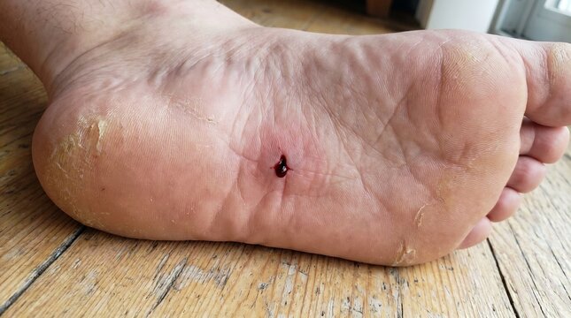 Fresh bleeding puncture wound on the sole of a bare foot standing on a wooden floor