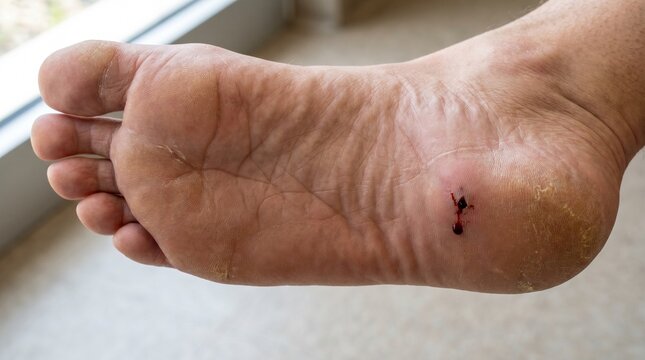 Close up of a fresh bleeding puncture wound on the bottom of a human foot