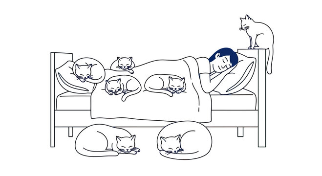 Woman sleeping in bed surrounded by multiple pet cats.