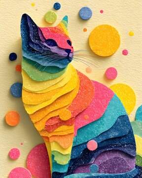 CAT SILHOUETTE made from layered rainbow acrylic paint strokes, surrounded by glossy paint splashes.