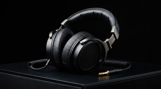 Professional studio headphones for audio monitoring on deep black background, premium high fidelity equipment with sleek metallic