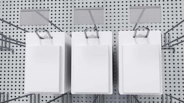 Close-up of a realistic retail display with pegboard double hooks, price tag holders, and blister-packed products gradually appearing on the display. 3d animation