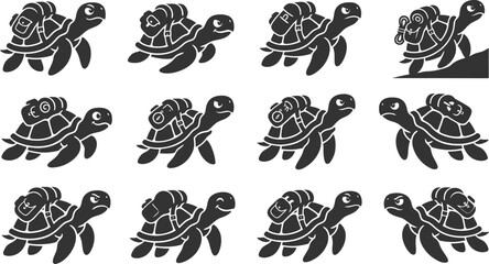 Collection of funny turtle silhouettes with backpacks and hiking gear for adventure travel themed graphic design assets © Vecto_Pixels
