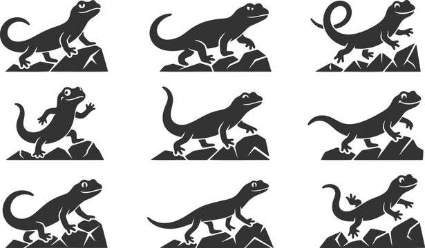 Set of cute gecko lizard silhouettes standing on rocks in various poses isolated on white background vector illustration
