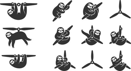 Obraz premium Funny sloth silhouettes flying with airplane propellers in aviation themed vector illustration graphic collection