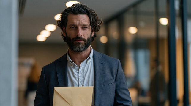 Nervous mid-level manager in corridor holds sealed envelope and glances back over shoulder toward glass-walled executive suite, corporate whistleblowing concept, harsh overhead