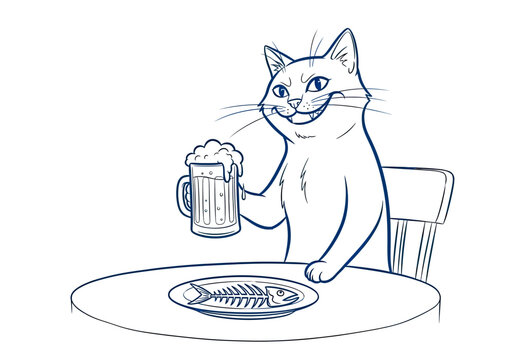Funny cat drinking beer at dinner table illustration.
