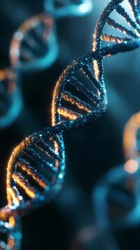 Macro shot of a luminous DNA strand with shimmering details, representing advancements in molecular biology and medical technology. Ideal for illustrating modern genetic engineering themes
