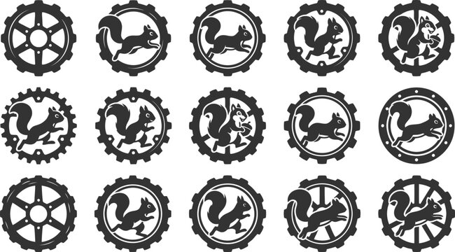 Set of funny squirrel silhouettes running inside mechanical gears for industrial or fast-paced design concepts