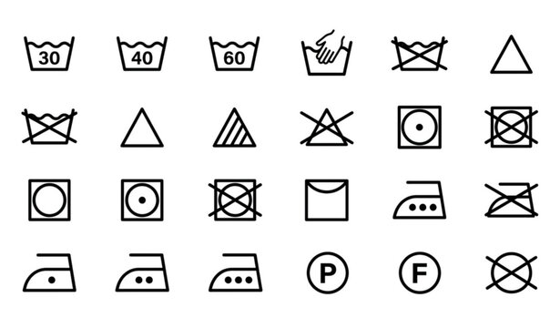 Laundry care symbols vector set with clothing washing instruction line icons for garment care label tag