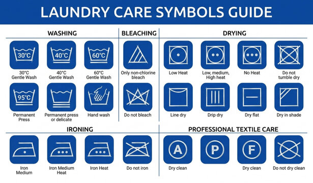 Technical laundry care symbols vector set with blue washing instructions badge icons for packaging guide