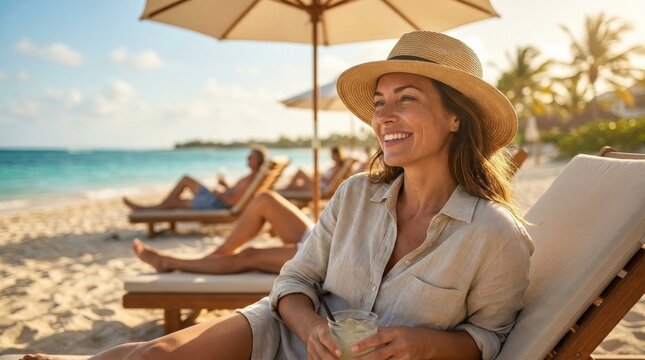 Sunny beach scene with people relaxing portrait person lifestyle human character expression pose travel for creative visual modern