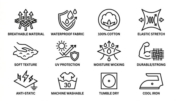 Fabric properties vector icon set with minimalist textile garment characteristic line symbols