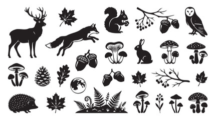 Black and white vector illustration set featuring woodland animals forest plants mushrooms and leaves for creative nature graphic design projects © Monivara Creations