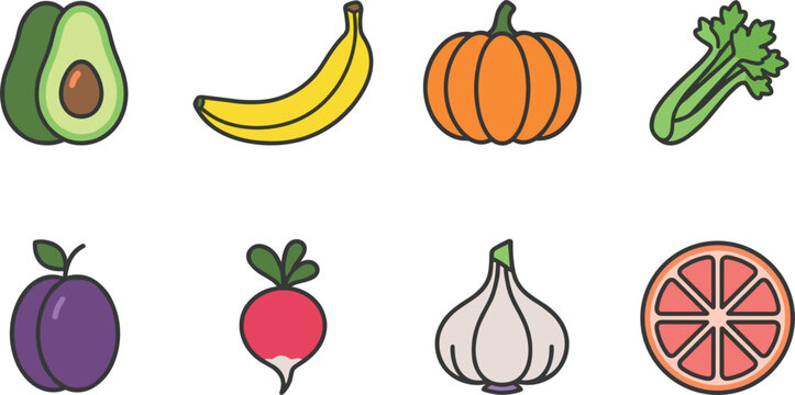Fresh fruit and vegetable vector icon set featuring flat cartoon avocado banana pumpkin celery plum radish garlic and orange slice isolated elements