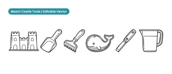 Beach sand castle toy icons vector outline set for summer vacation activities, featuring plastic shovel, rake, whale mold, bucket, and shovel tools illustration on white background. © Dinali