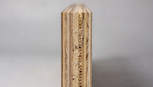 Medium shot focusing on composite core plywood featuring engineered materials for enhanced strength and stability.