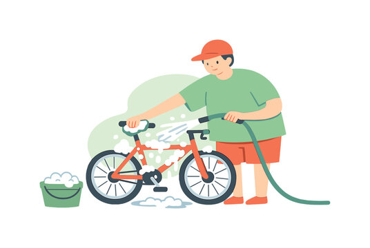 Warm person rinses a bicycle outdoors using gentle motions as soap gathers lightly and the scene stays orderly  scene of person