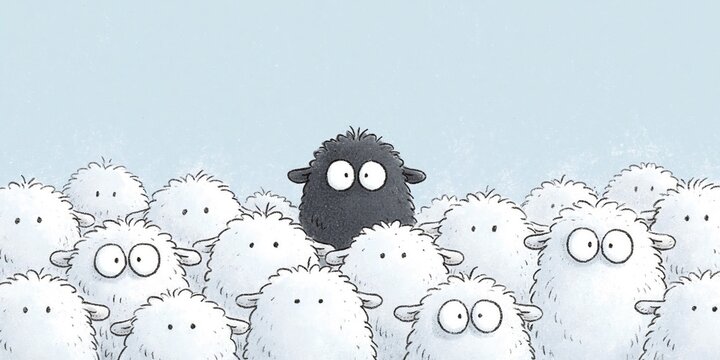 black sheep - comical animation of black sheep surrounded by white sheep sticking out from the crowd